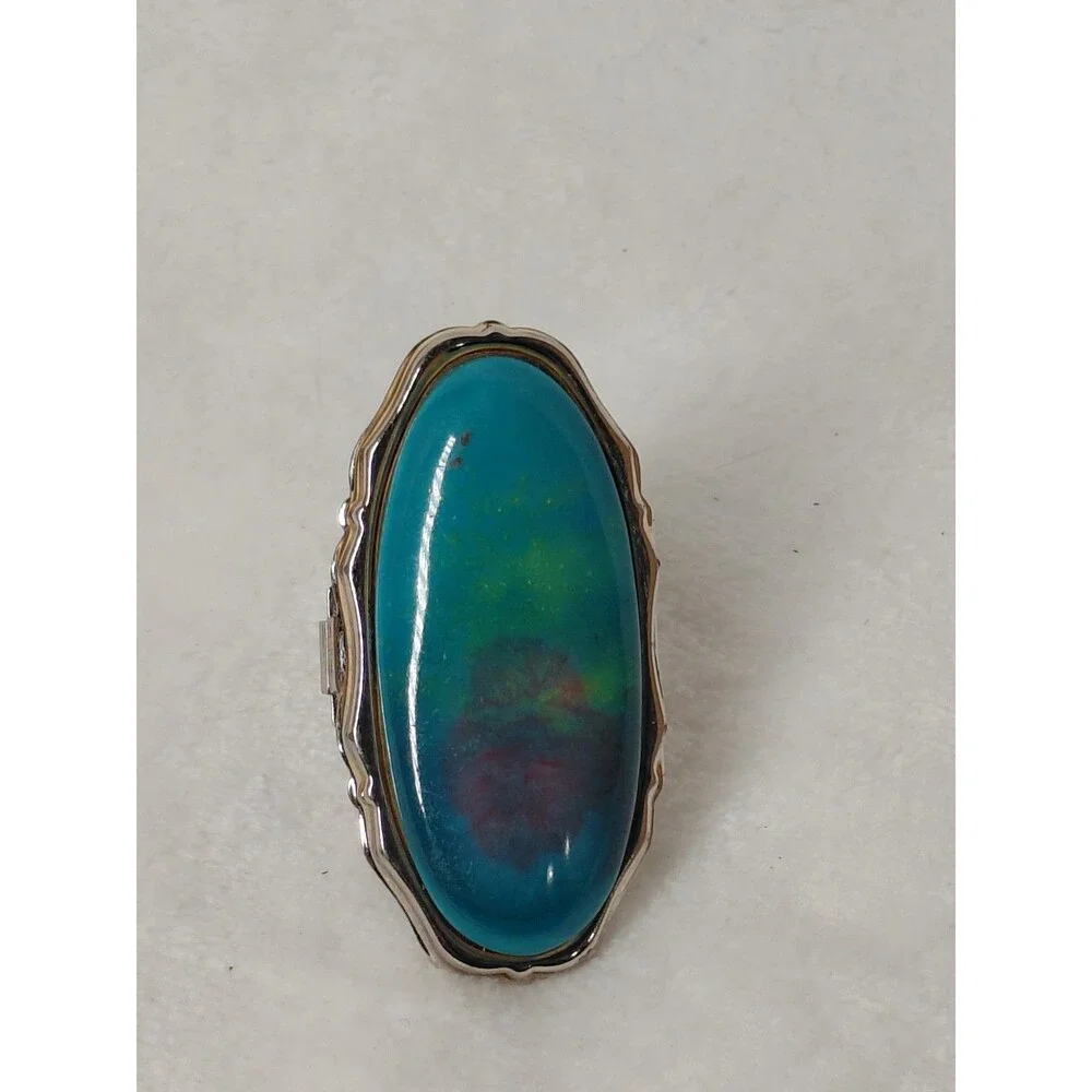 Vintage Silver Tone Faux Turquoise Compact Locket Ring Hidden Mirror Poison Boho